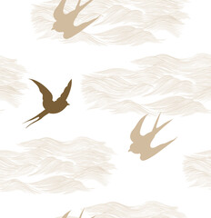Obraz premium Japanese background with line pattern vector. Abstract template with geometric element. Swallow and wave backdrop layout design in oriental style. 