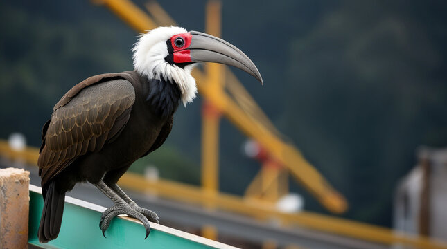 Black Borneo Hornbill Perched on Construction Beam of Indonesia's New Capital