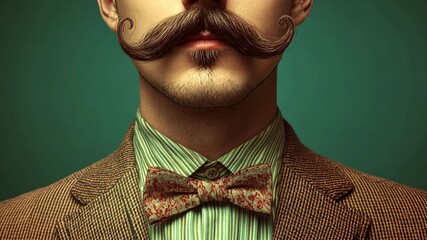 A stylish man with a unique mustache poses in a vintage outfit against a solid backdrop