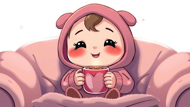 Cute Cartoon Girl Drink Hot Chocolate in a Pink Armchair