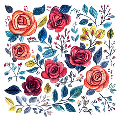 2D illustrator doodle-style floral and leaf graphics on a white background or wallpaper