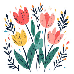 2D illustrator doodle-style floral and leaf graphics on a white background or wallpaper