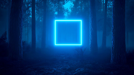 Naklejka premium glowing blue square frame suspended in the middle of a dark, enchanted forest, casting light on the trees and foggy ground