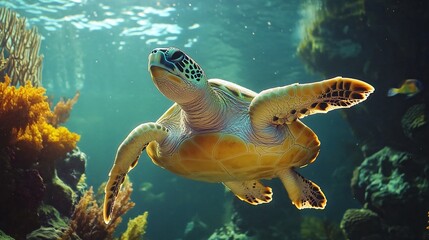Obraz premium A green sea turtle swims through a coral reef, sunlight shining through the water.