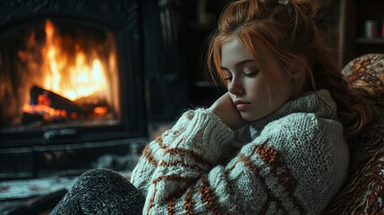 Girl in a sweater by the fireplace