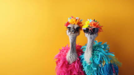Whimsical Emus in Colorful Costumes, A playful gathering of emus dressed in vibrant, mismatched outfits against a cheerful backdrop, perfect for a festive birthday party invitation.