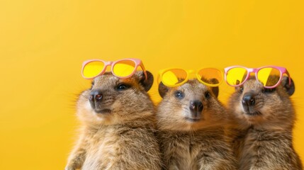 Quokka Friends in Sunglasses, playful group of quokkas wearing shades, bright solid background, ideal for commercial and editorial use, ample space for text and branding.