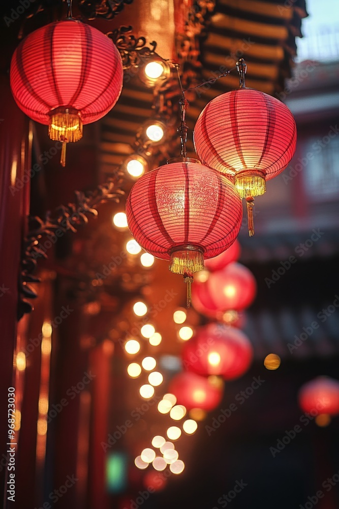 Poster a row of red lanterns hanging from a building. the lanterns are lit up and create a warm, inviting a
