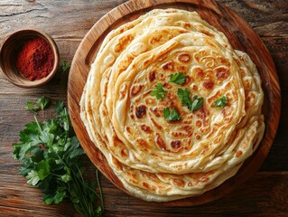 malaysian traditional food roti canai on wooden background - ai