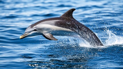 Fototapeta premium A striped dolphin leaps out of the water, creating a spray of water droplets.