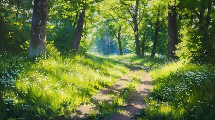 Fototapeta premium A winding trail through a verdant forest under a clear sky.