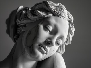 Fototapeta premium A serene classical marble bust of an angel with closed eyes, resting its head on one hand.