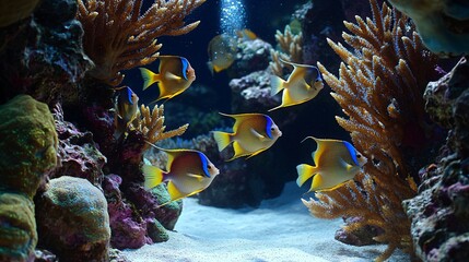 A school of yellow and blue angelfish swim among coral and rocks in a tropical reef tank.