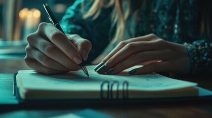 Obraz premium Hand writing in notebook, concentration and creativity concept