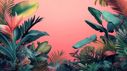 Vibrant jungle scene with a pink background and greenery
