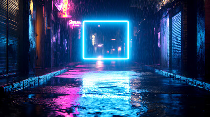 Naklejka premium glowing square frame illuminated by vibrant blue light hovers in a dark, rain-soaked alley, reflecting off the wet pavement