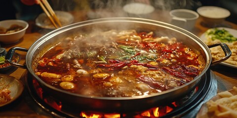 A vibrant hot Asian soup with fresh ingredients, ready to be served at a restaurant. The soup is steaming and filled with vegetables.