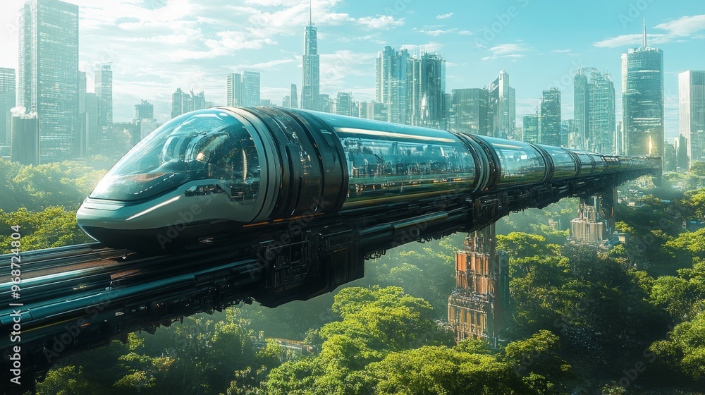 Wall mural futuristic train cityscape.