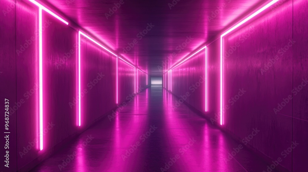 Poster the image features an atmospheric hallway illuminated by pink neon lights. the walls are adorned wit