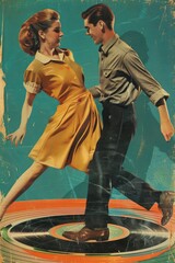 A man and a woman are dancing on a record
