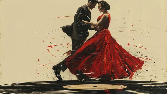 A man and woman are dancing in a red dress