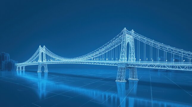 Wireframe blueprint of a modern suspension bridge in blue tones