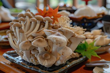 Several types of mushrooms in a glass bowl, presented on wooden plates, with autumn leaves around it. Served as an appetizer or dessert.