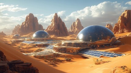 Photorealistic image of a futuristic desert oasis with a glassdomed city surrounded by towering sand dunes and reflective solar panels