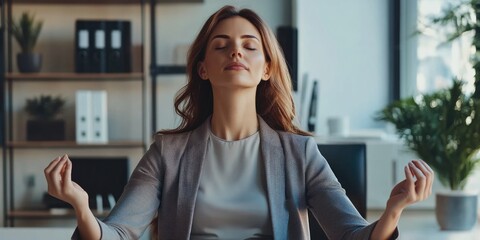 A woman in a business environment practicing meditation for stress relief, emphasizing the importance of mindfulness and wellness.