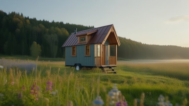Tiny House in Meaow with Forest Backgroun at Sunset