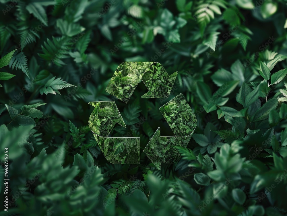 Poster a green leafy forest with a green recycling symbol in the middle. the symbol is a triangle with a ci