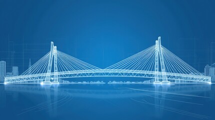Obraz premium Modern bridge wireframe blueprint on a blue background for civil engineering