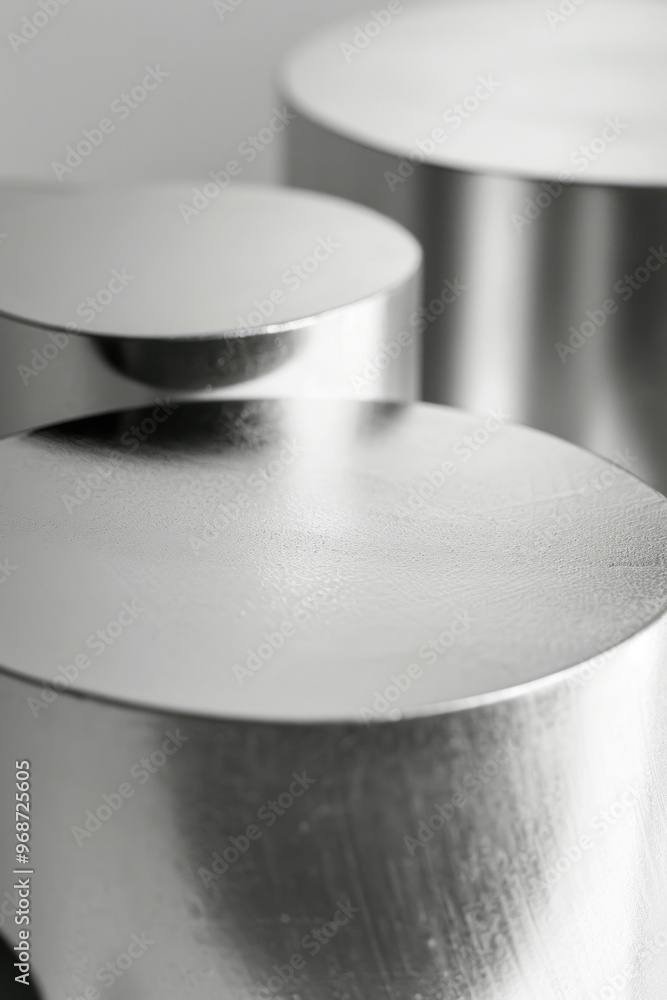 Poster three silver metal cylinders with a shiny surface. the cylinders are arranged in a row and are of di