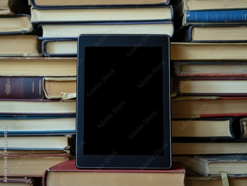 Poster a tablet is sitting on top of a stack of books. the tablet is black and the books are of various siz