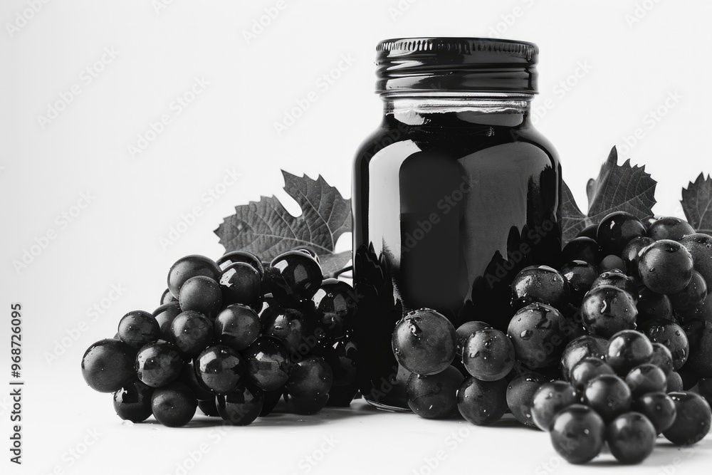 Poster a jar of black grape juice is on a table with a bunch of grapes. concept of freshness and natural sw