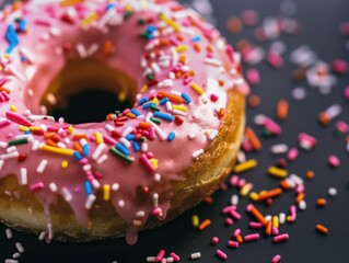 A pink frosted donut with rainbow sprinkles on top. The sprinkles are scattered all over the donut, creating a colorful and festive appearance
