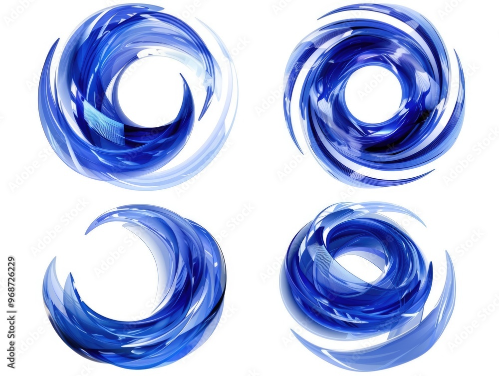 Poster the four blue circles are abstract and have a spiral shape. they are all different sizes and are pla