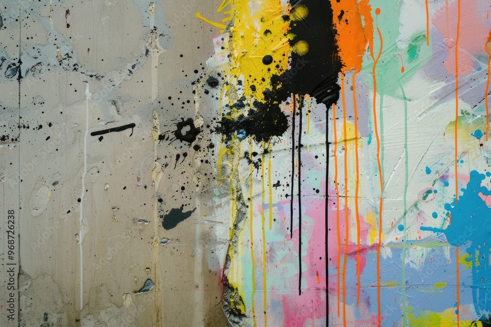 Aufkleber a painting with splatters of paint in various colors. the painting is abstract and has a chaotic, en