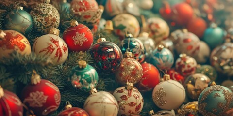 A tree full of Christmas ornaments, including many red and white ones. The tree is covered in a variety of colors and shapes, creating a festive and joyful atmosphere