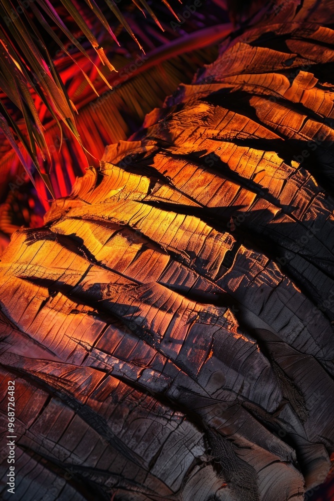 Poster a close up of a tree trunk with a reddish orange hue. the trunk is covered in bark and has a rough t