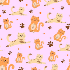 Vector pattern with the image of red and beige cats on a pink background