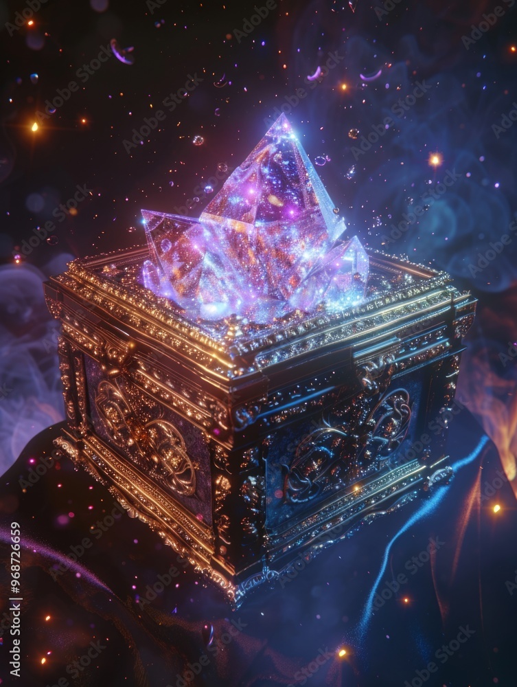 Poster a box with a crystal inside of it. the box is on a table and there is smoke in the background
