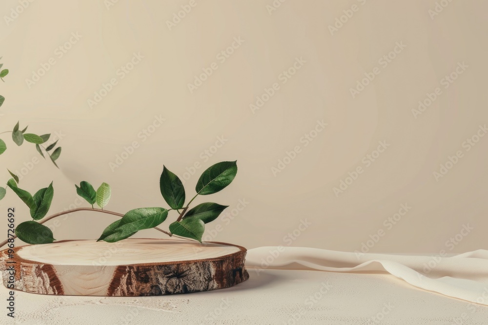 Poster a wooden log with a leaf on top of it. the log is placed on a white background
