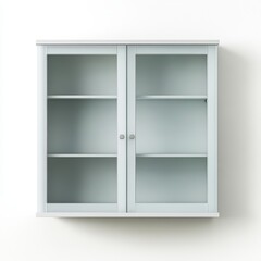 A simple, modern glass-fronted cabinet with two doors and multiple shelves for storage.