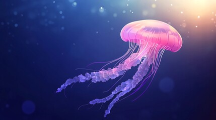 A pink jellyfish with long tentacles swims in the blue water, illuminated by sunlight.