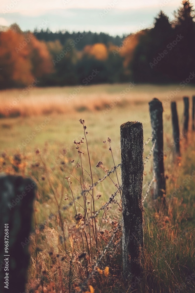 Poster a fence with a wire on it in a field. the field is full of weeds and grass. scene is somewhat sad an