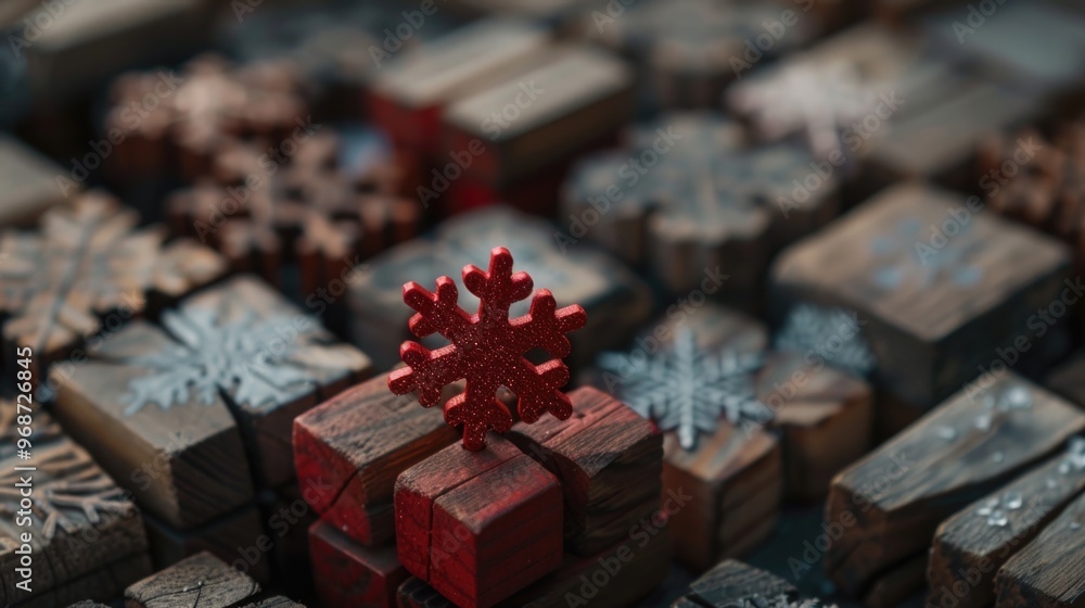 Poster a red snowflake is on top of a stack of wooden boxes. the snowflake is surrounded by other snowflake