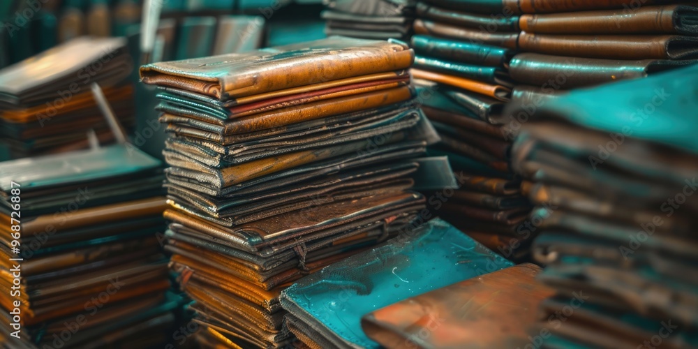 Poster a pile of leather bound books stacked on top of each other. the books are of different sizes and col