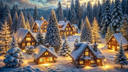 Charming winter village with snow-covered houses and glowing lights, cozy holiday scene for Christmas decoration, copy space