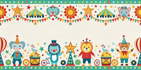 Fototapeta premium Seamless border design with circus animals and holiday elements for a festive celebration